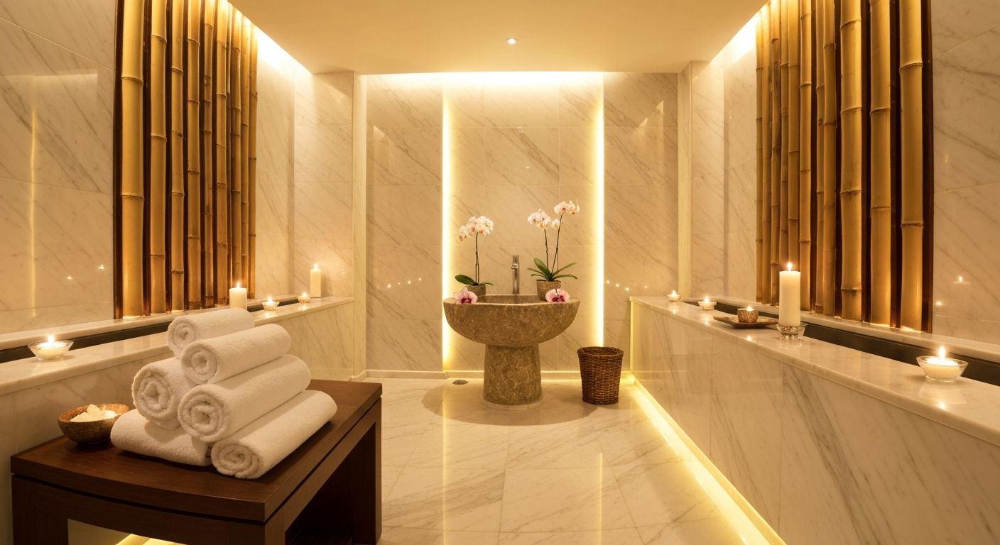 Interior de una cabina de spa con orquídeas.