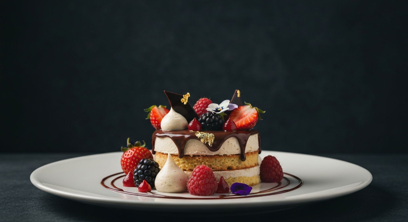 Postre de chocolate con esferas de oro comestible