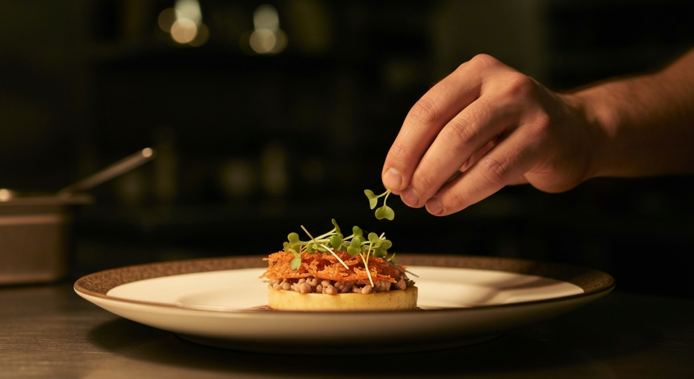Chef Carlos Mendoza emplatando con precisión un plato de autor