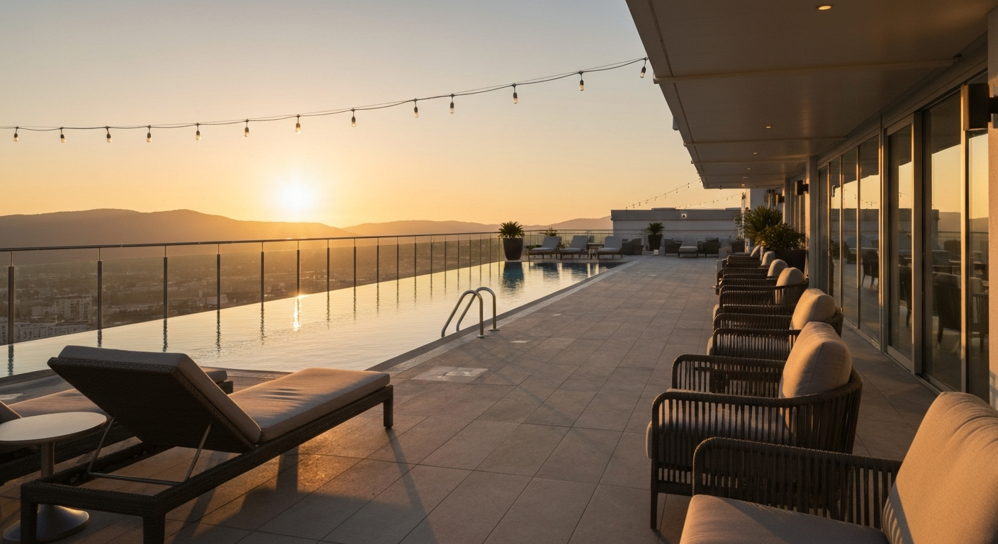 Terraza con piscina infinita y vistas a la montaña