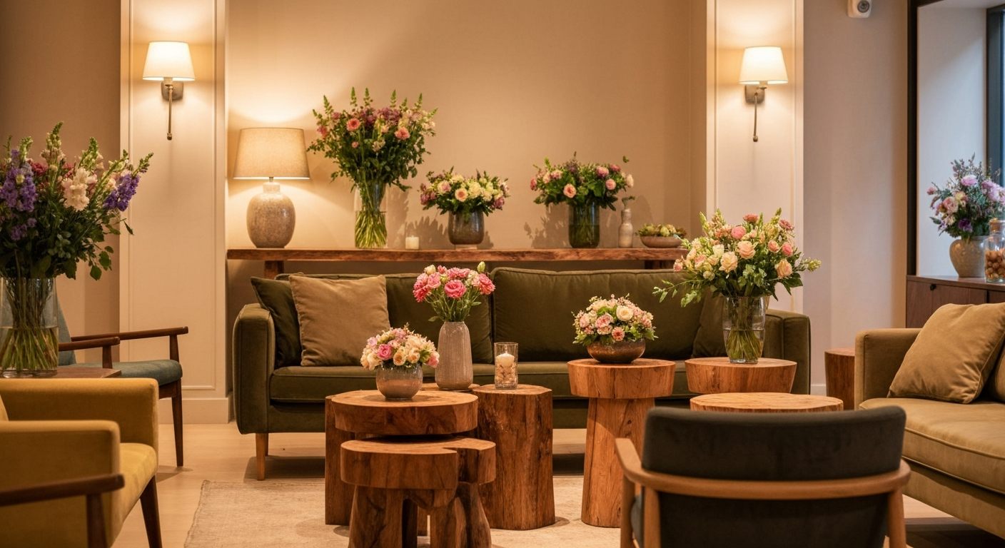 Lobby del Mirador del Ávila Boutique Hotel, con mobiliario de diseño y arreglos florales.