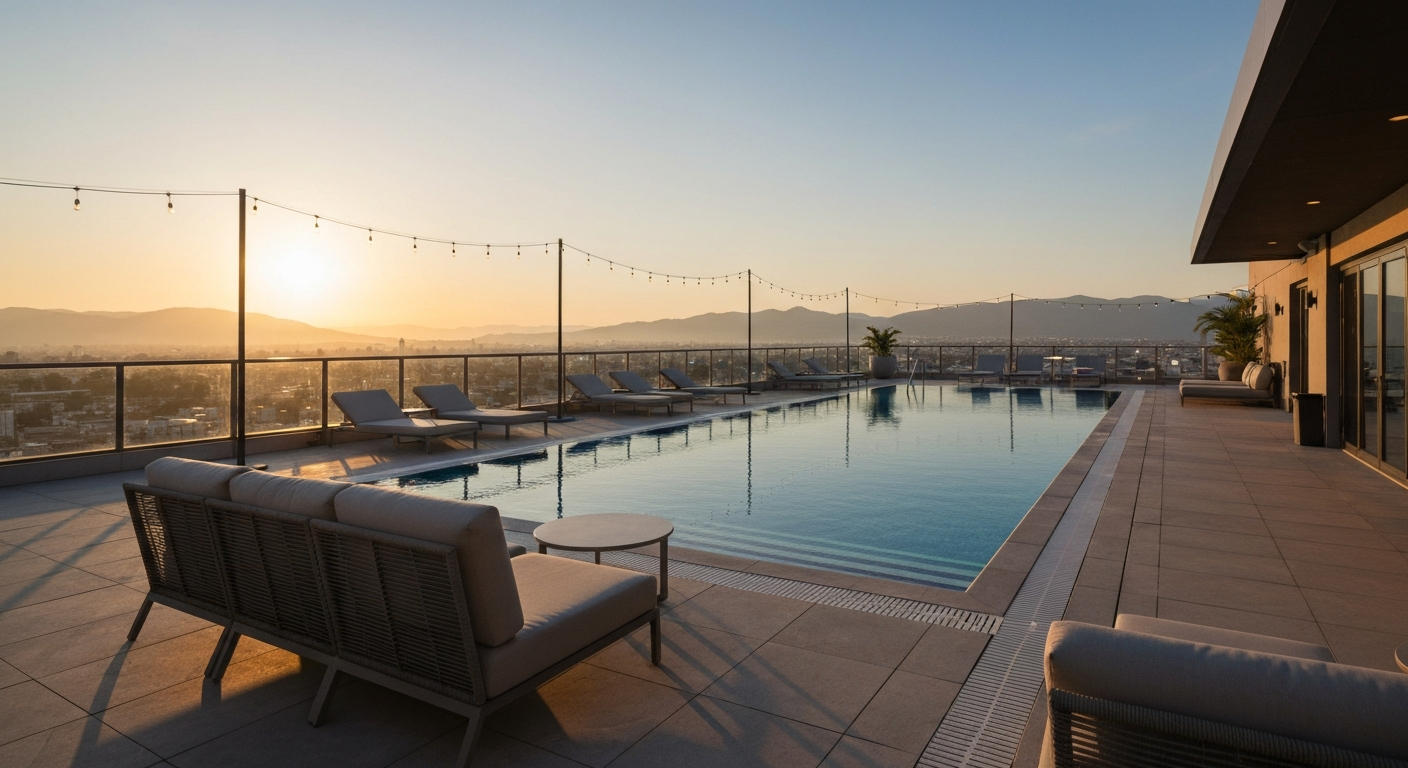 Terraza con piscina infinita y vista a las montañas